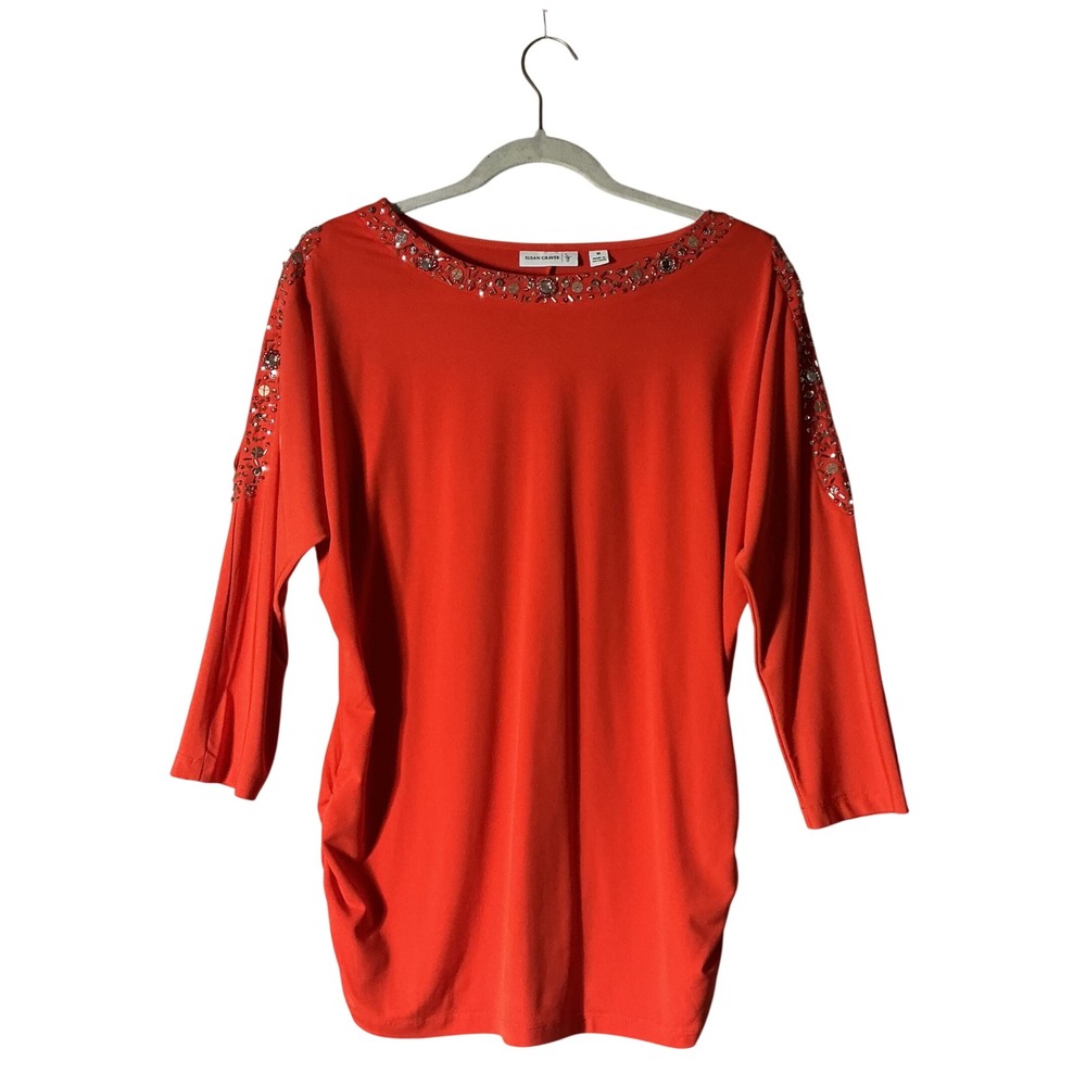 Susan Graver Embellished Liquid Knit Top Womens M Orange Ruched Sequin Tunic